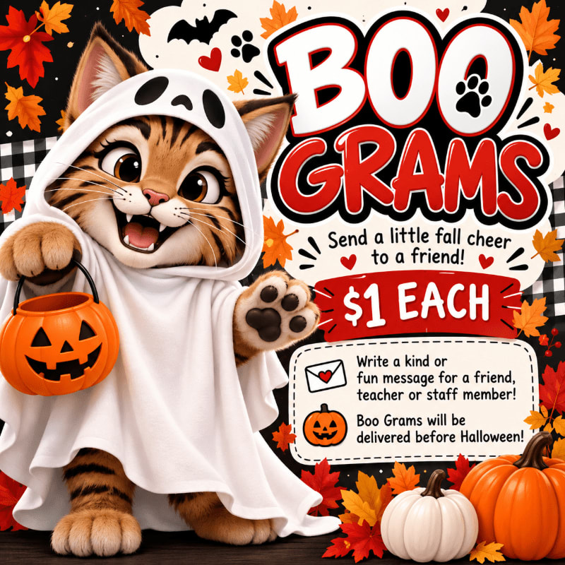 A cute kitten dressed as a ghost holds a pumpkin bucket in the foreground, set against a festive Halloween background with "BOO GRAMS" text and autumn leaves.