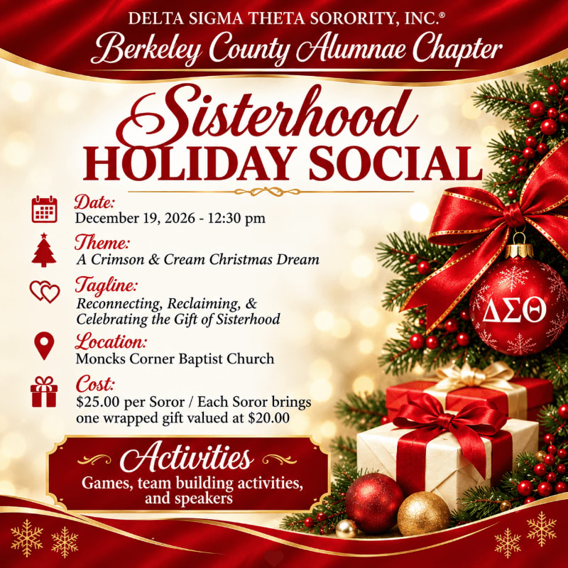 An event flyer for a Sisterhood Holiday Social features event details in the center foreground against a background of a decorated Christmas tree with red ornaments and gifts.