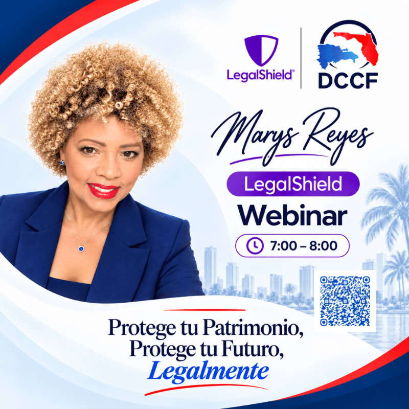 A woman with curly blonde hair in a blue blazer stands in the foreground of a promotional webinar flyer featuring logos and text against a background of a city skyline and palm trees.