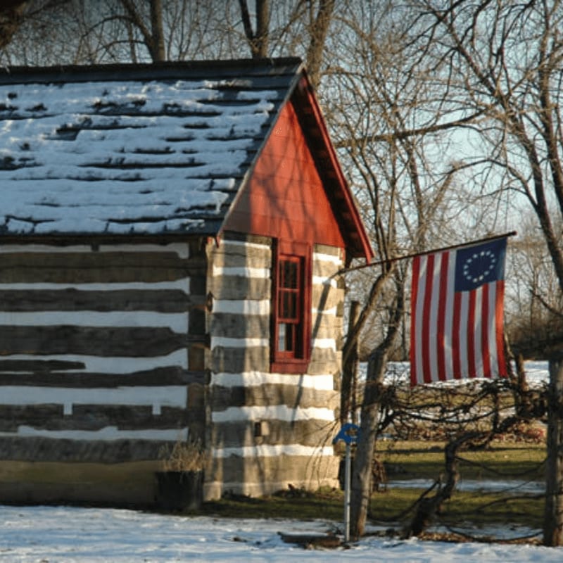 A snow-dusted log cabin with a red gable stands in the foreground, while bare winter trees fill the background.