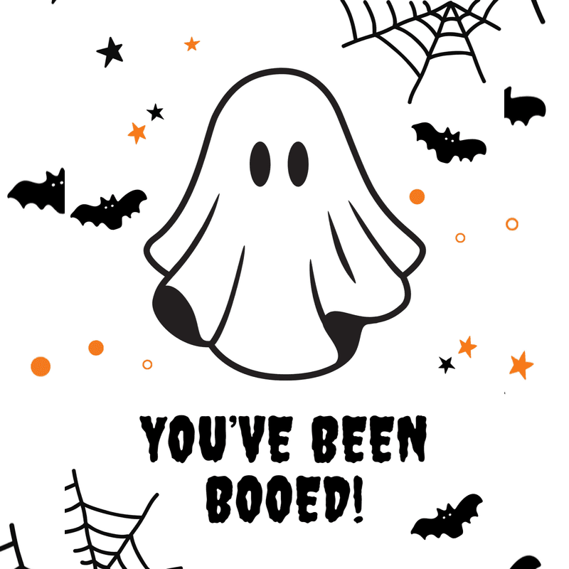 A cute cartoon ghost stands in the foreground, surrounded by bats, stars, spiderwebs, and the text "YOU'VE BEEN BOOED!" against a white background.