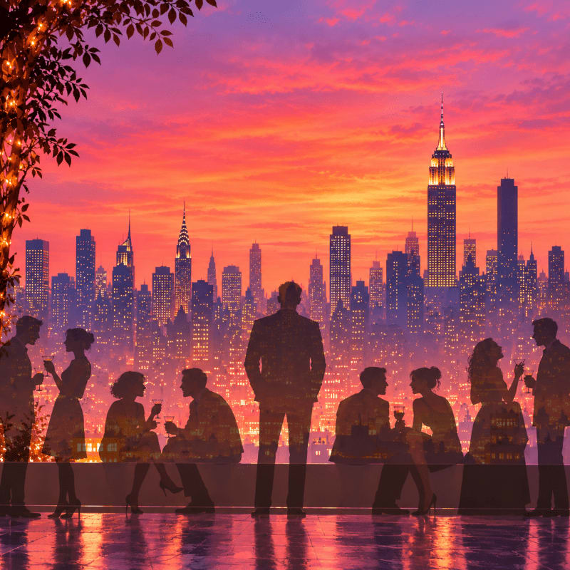 Silhouetted people gather on a rooftop terrace in the foreground against a vibrant sunset sky and a sprawling city skyline in the background.