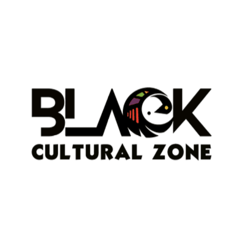 Bold black text spelling "BLACK CULTURAL ZONE" is centered on a white background, with the letter "O" in "BLACK" replaced by a colorful, stylized bird.