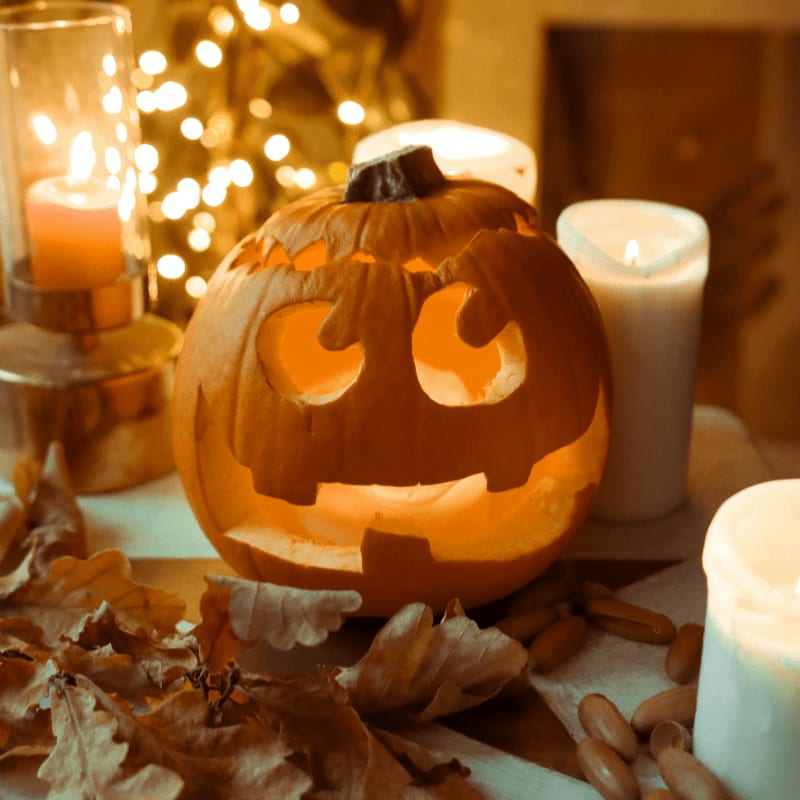 jack o lantern on gray textile