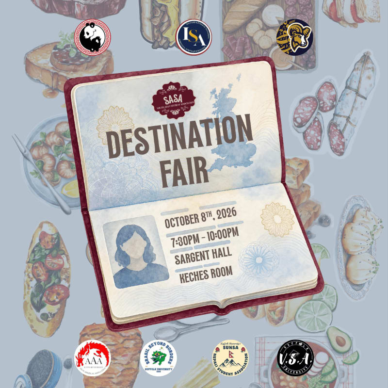 An open passport announcing a "Destination Fair" on October 8th, 2026, sits centered against a background of various international food illustrations and organizational logos.