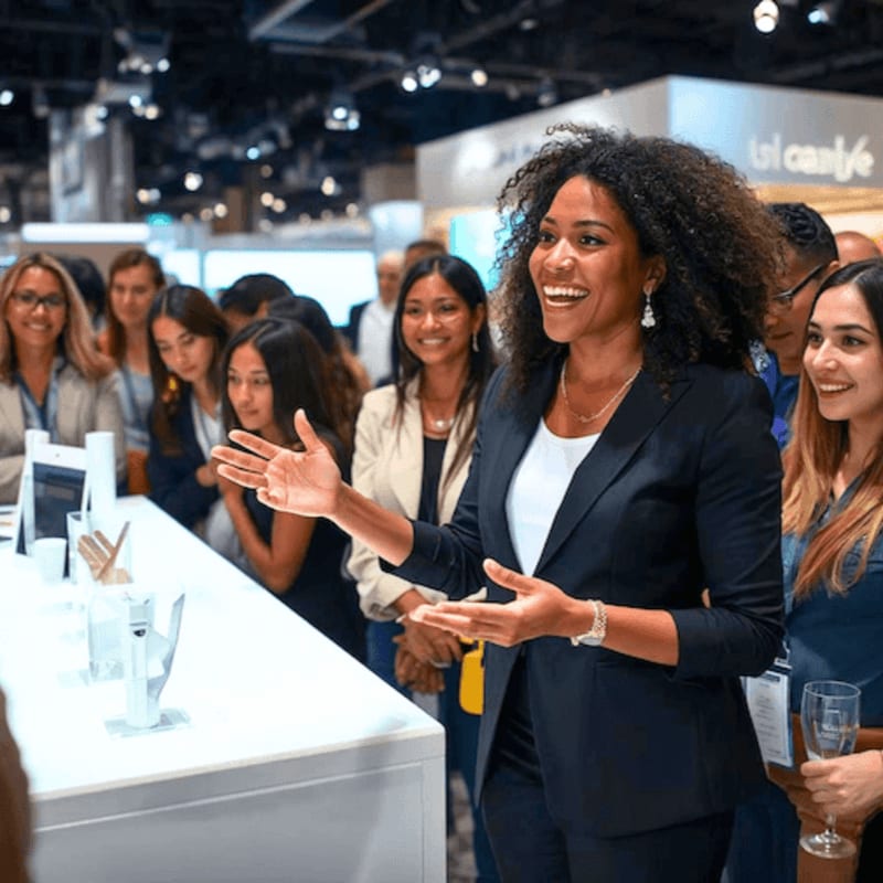 A smiling woman in a dark blazer gestures while speaking to a group of people in a brightly lit exhibition hall.