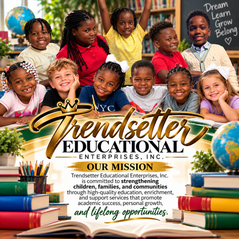 A group of smiling children poses in a classroom setting behind a gold-lettered logo and mission statement, with books and globes in the foreground.