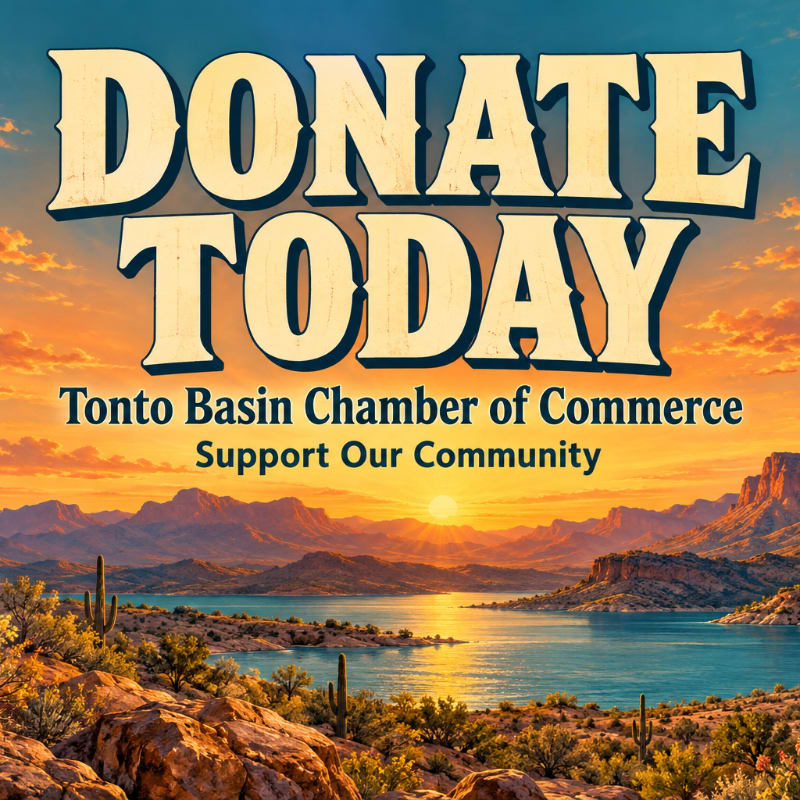 Bold text reading "DONATE TODAY" and "Tonto Basin Chamber of Commerce" overlays a scenic desert landscape featuring a lake, mountains, and a sunset.