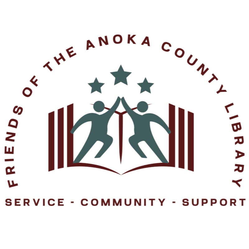 Two stylized figures high-five over an open book against a background of stars and stripes, encircled by the text "Friends of the Anoka County Library" and the words "Service - Community - Support."
