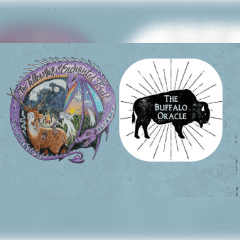 A colorful illustration of mythical creatures and a black buffalo logo are positioned side-by-side against a light blue textured background.