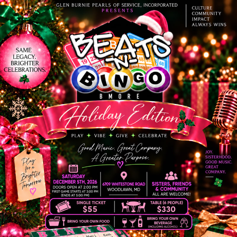 A colorful "Beats n Bingo Holiday Edition" event flyer is set against a festive background of blurred Christmas trees, ornaments, and wrapped gifts.