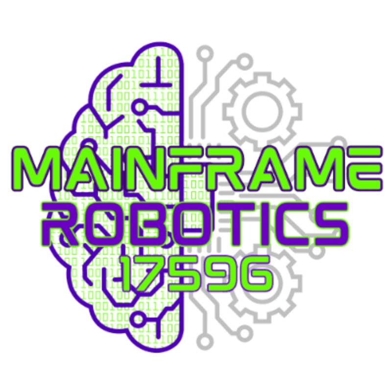 A stylized brain filled with binary code and the words "MAINFRAME ROBOTICS 17596" in the foreground is set against a background of circuit board lines and gears.