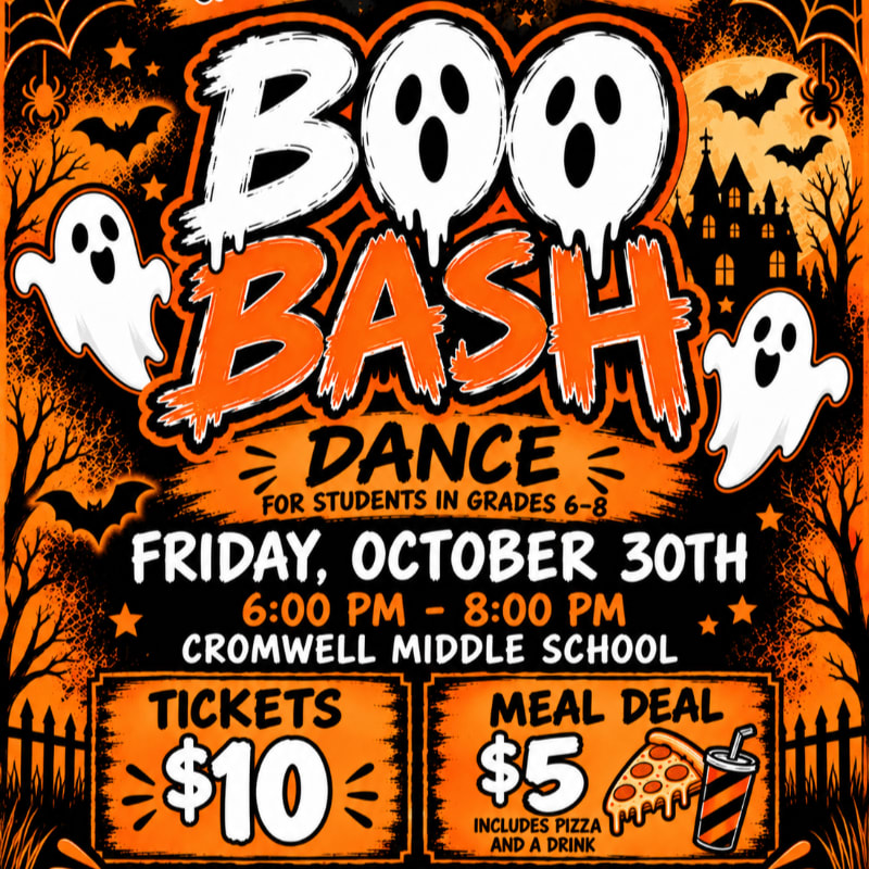 A Halloween dance flyer features bold "BOO BASH" text and ghosts in the foreground against a spooky background of bats, a haunted house, and a full moon.