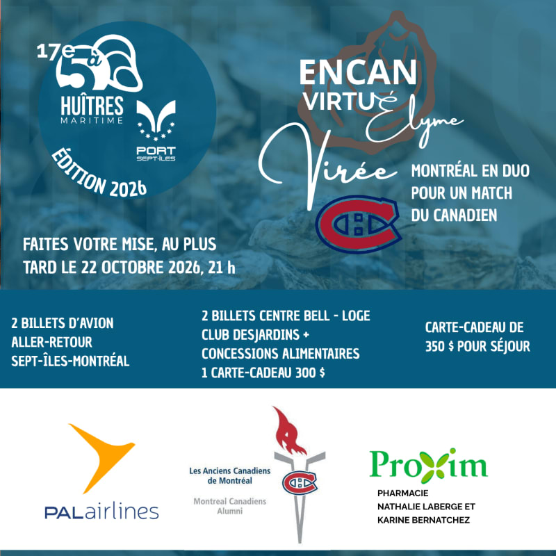 A promotional flyer for a virtual auction featuring a Montreal Canadiens trip is overlaid on a blurred blue background of water and rocks.