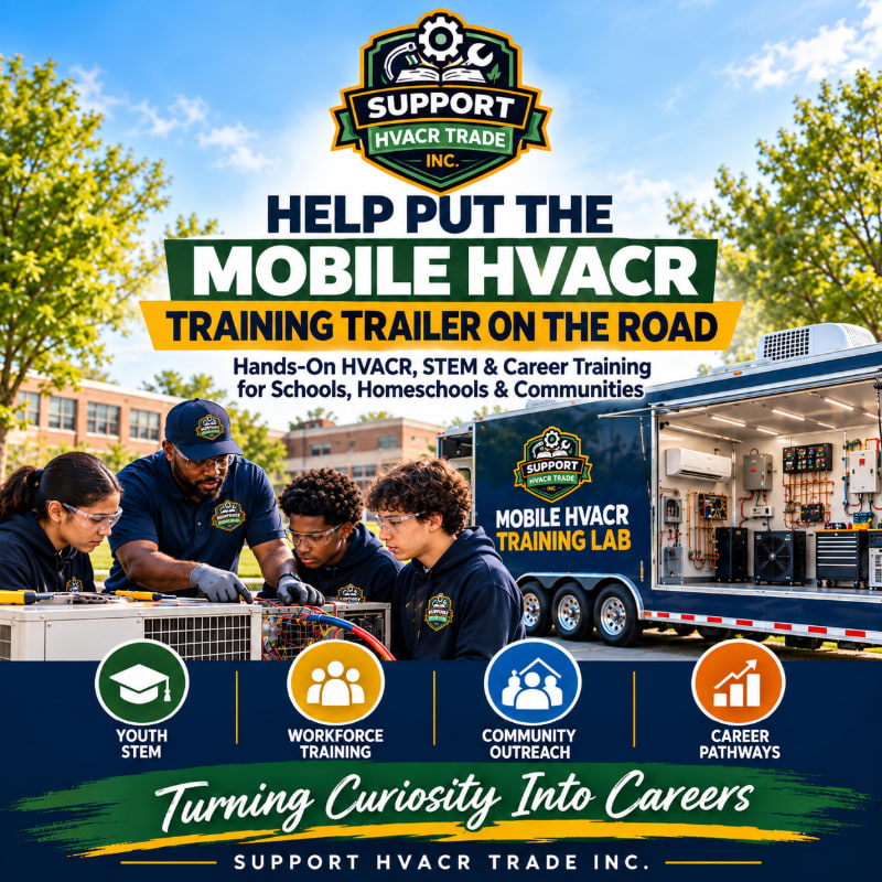 Four students work on HVAC equipment in the foreground, with a mobile training trailer and green trees set against a blue sky in the background.