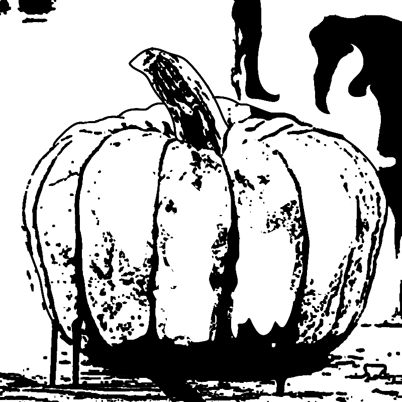 A large, textured pumpkin sits in the foreground against a stark white background with dark, abstract shapes.