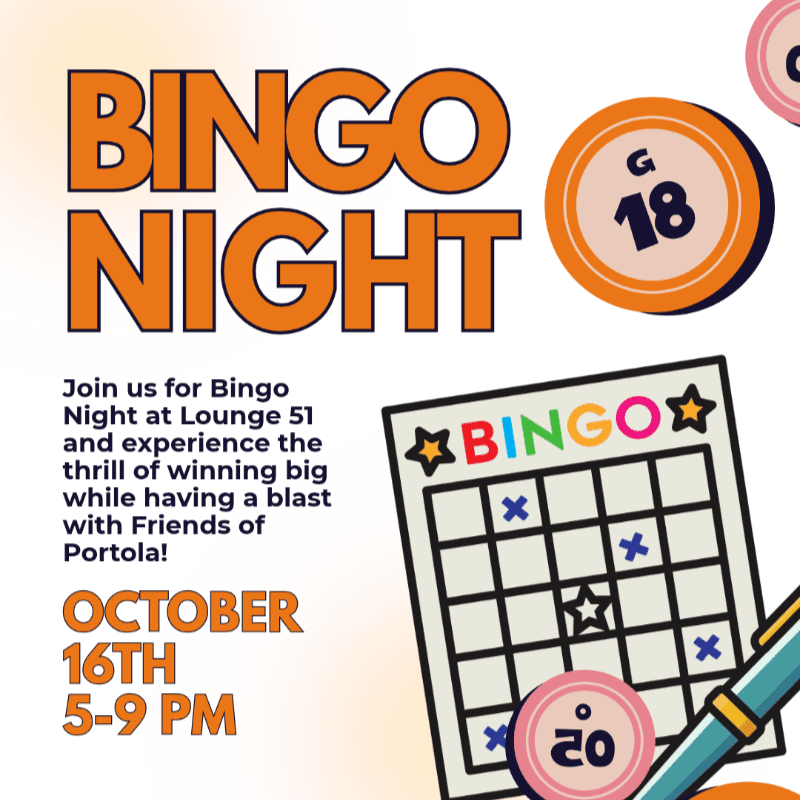 Bold orange "BINGO NIGHT" text and event details sit in the foreground alongside a bingo card and markers, set against a clean white background.