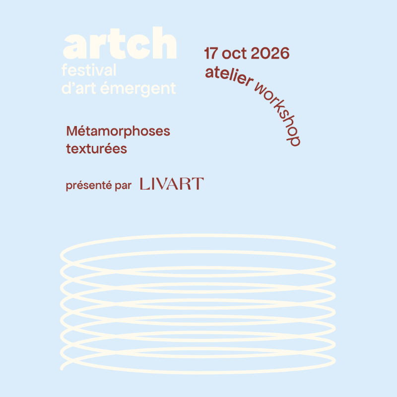 Red and white text detailing an art festival and workshop sits above a white spiral graphic on a light blue background.