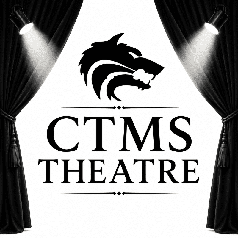 A black wolf logo and the text "CTMS THEATRE" are centered on a white background, framed by black curtains and spotlights.