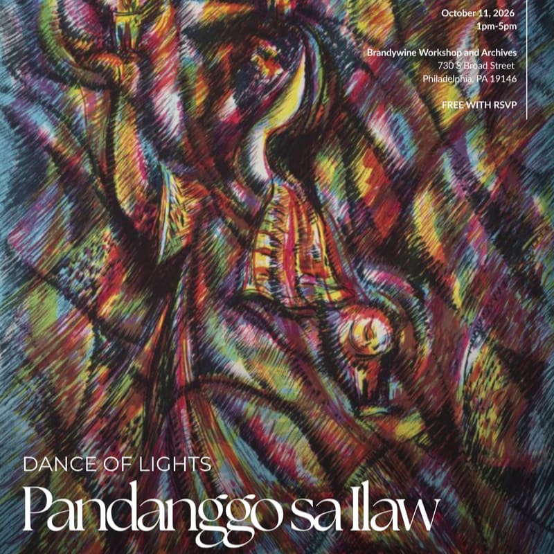 A colorful, abstract painting of a dancer holding a light dominates the foreground against a swirling, multi-colored background with event text in the upper right and bottom left.