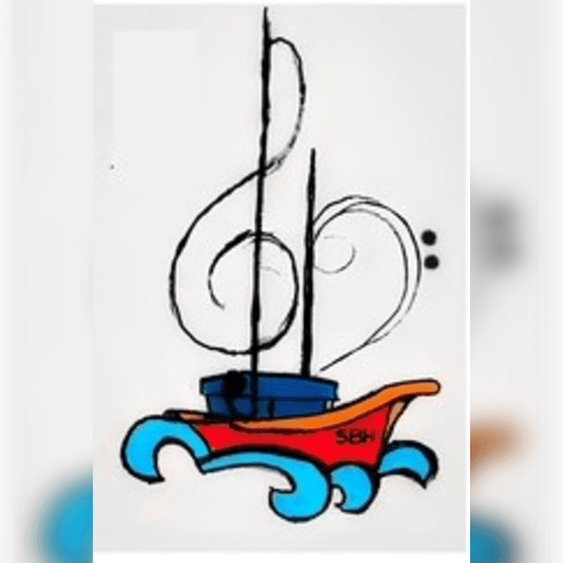 A colorful stylized boat with a musical clef as a mast floats on blue waves against a plain white background.