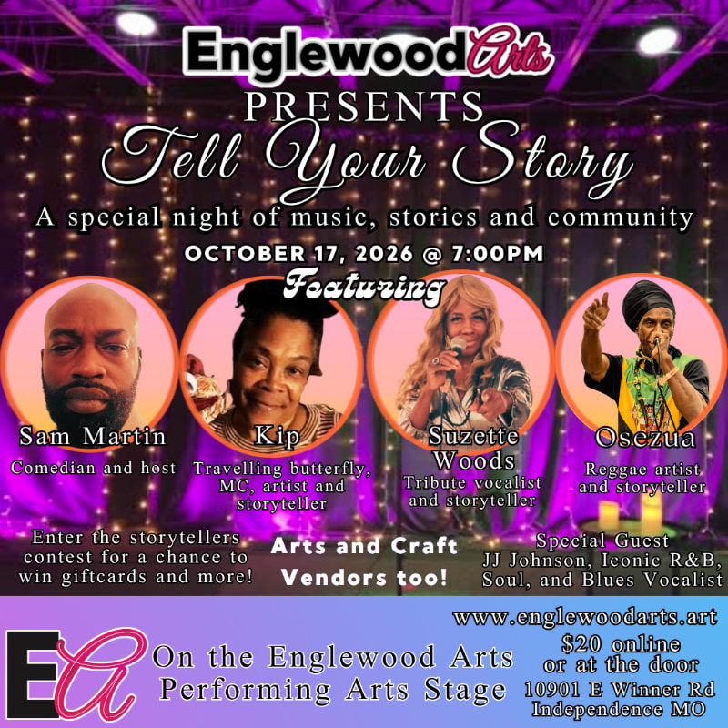 An event flyer for "Tell Your Story" features four circular portraits of performers in the foreground against a blurred purple-lit stage background.