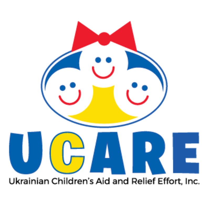A logo featuring three smiling white faces topped with a red bow inside a blue and yellow oval, with the text "UCARE" and "Ukrainian Children's Aid and Relief Effort, Inc." set against a plain white background.