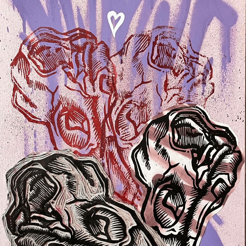 Stylized black and red anatomical heart sketches overlap in the foreground against a purple spray-painted background featuring a small white heart.