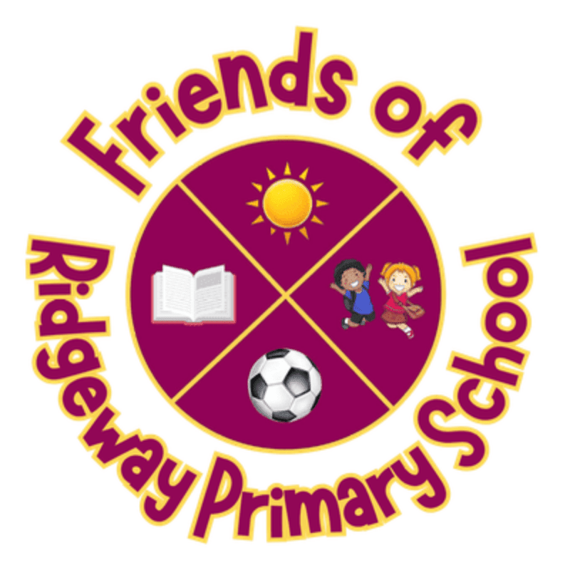 A circular purple emblem containing a sun, an open book, a soccer ball, and two children is framed by the text "Friends of Ridgeway Primary School" against a plain white background.
