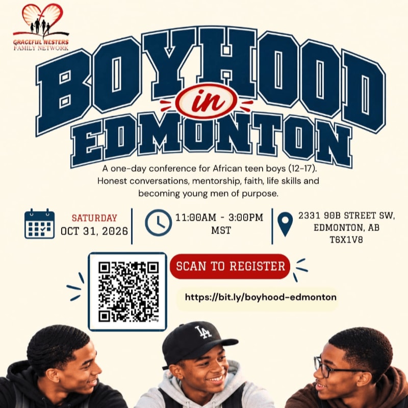 Three smiling young men are positioned in the foreground of a promotional flyer for a "Boyhood in Edmonton" conference, which features event details and a QR code against a plain light background.