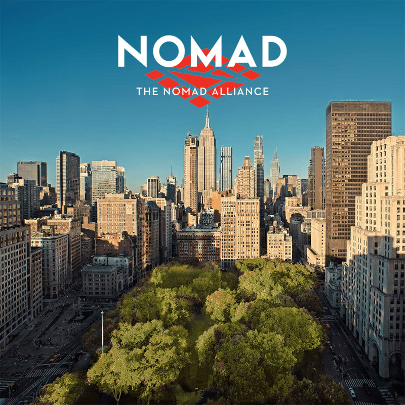 The "NOMAD THE NOMAD ALLIANCE" logo is superimposed over a cityscape featuring a lush green park in the foreground and towering skyscrapers in the background.