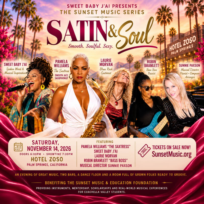 Five musicians pose in the foreground of a promotional poster set against a sunny, palm-tree-lined street in Palm Springs.