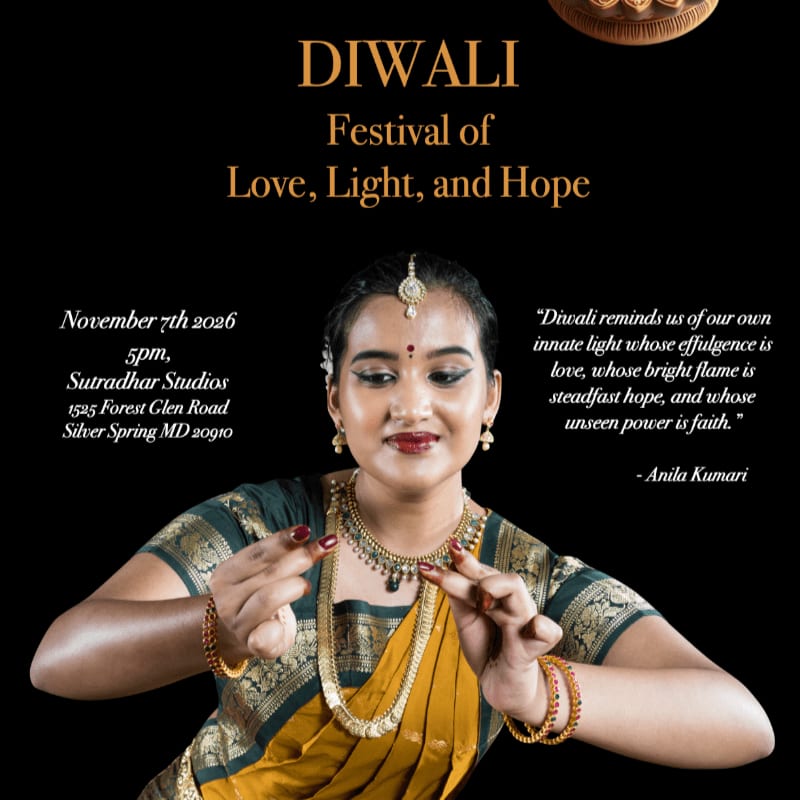 A woman in traditional Indian attire and jewelry performs a dance in the foreground against a black background featuring gold text and a quote about Diwali.