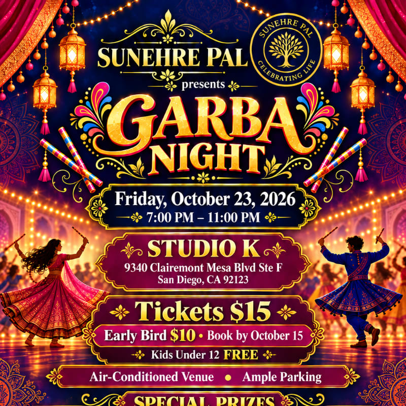 A vibrant event flyer for "Garba Night" features two dancers in traditional Indian attire in the foreground against a festive background of lanterns, curtains, and event details.