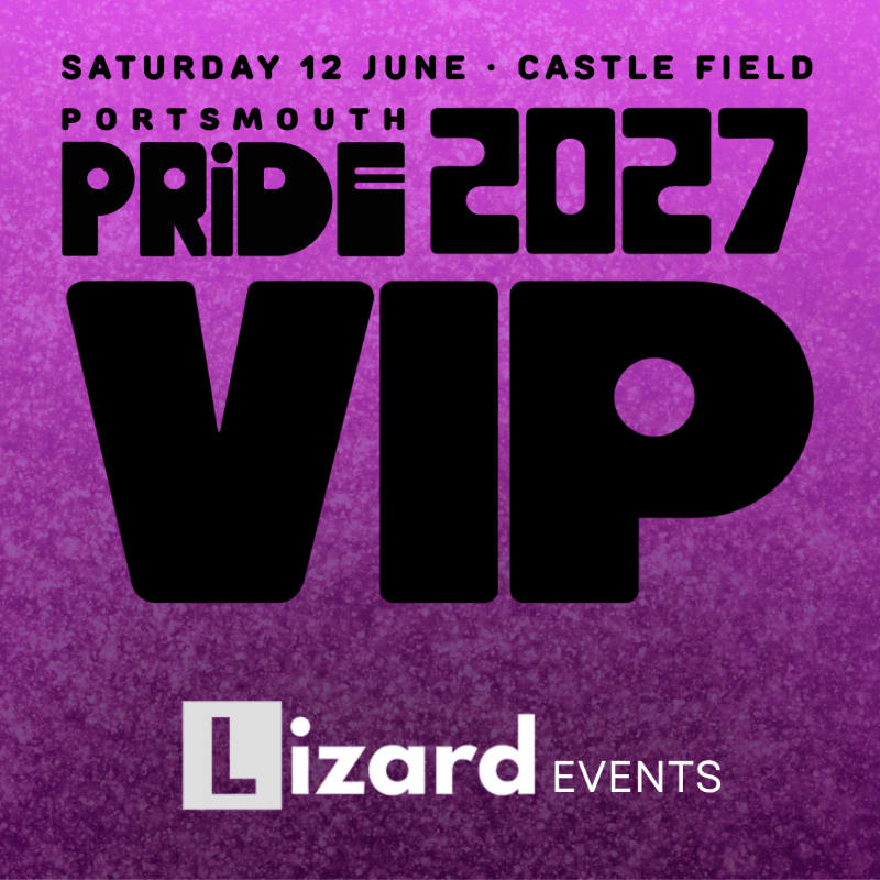 Black text announcing "Portsmouth Pride 2027 VIP" and "Lizard Events" is set against a textured purple gradient background.