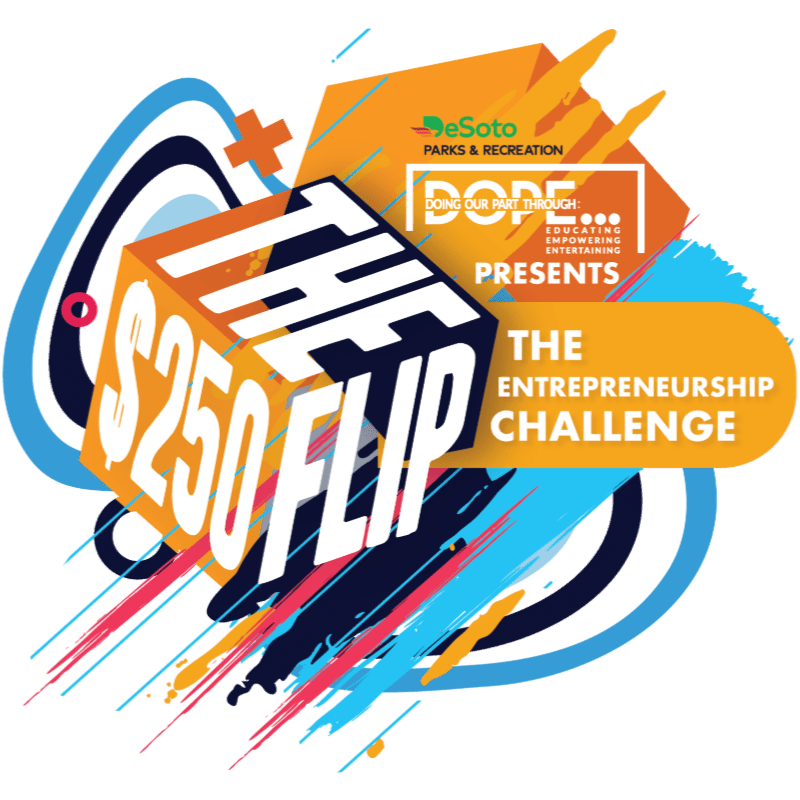 A colorful 3D block reading "THE $250 FLIP" sits in the foreground against a dynamic background of abstract blue, orange, and red shapes and event branding.