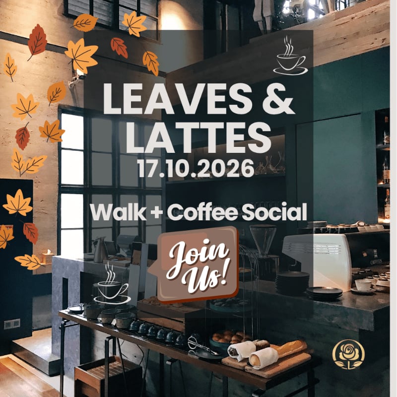 Text promoting a "Leaves & Lattes" coffee social event is overlaid on a modern cafe interior featuring a coffee bar in the foreground and large windows in the background.