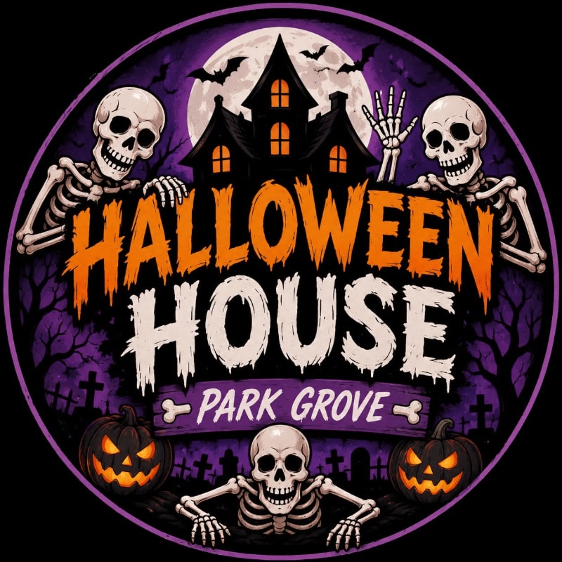 Three grinning skeletons and carved pumpkins surround the text "HALLOWEEN HOUSE PARK GROVE" against a background of a spooky haunted house and a full moon.