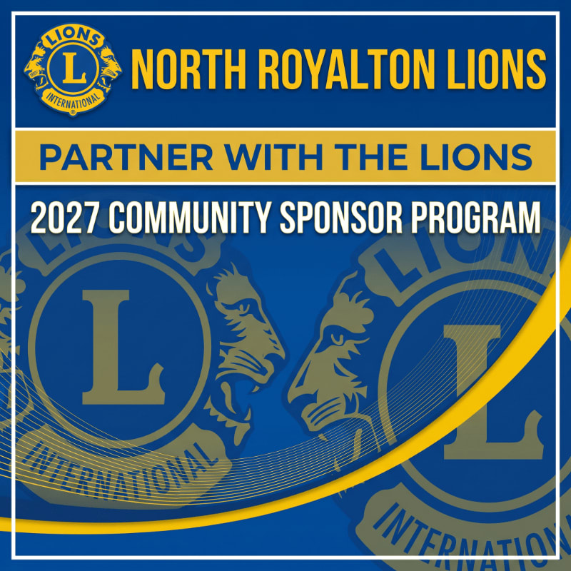 Bold yellow and white text promoting the "2027 Community Sponsor Program" for the North Royalton Lions is layered over a blue background featuring large, stylized Lions International logos.