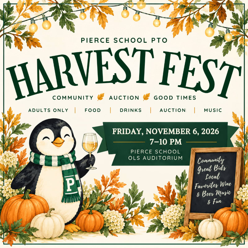 A cheerful penguin wearing a green scarf stands among pumpkins and autumn leaves in the foreground, set against a white background featuring "Harvest Fest" event details and festive fall foliage.
