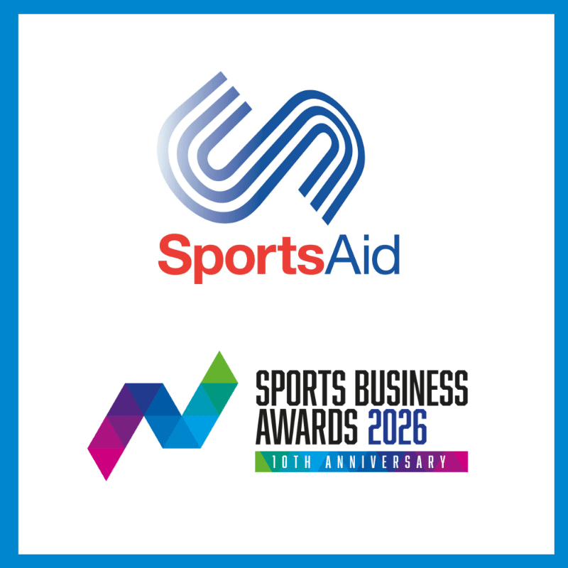 The SportsAid and Sports Business Awards 2026 logos are centered against a plain white background with a blue border.