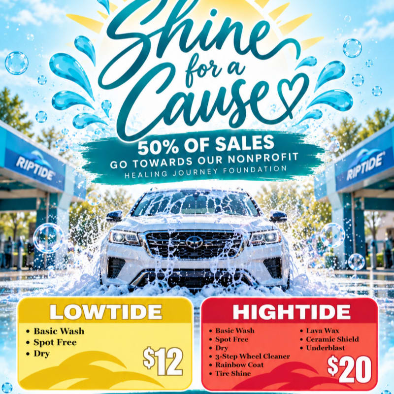 A white car being washed sits in the foreground of a promotional flyer, with a Riptide car wash facility and a bright sun in the background.