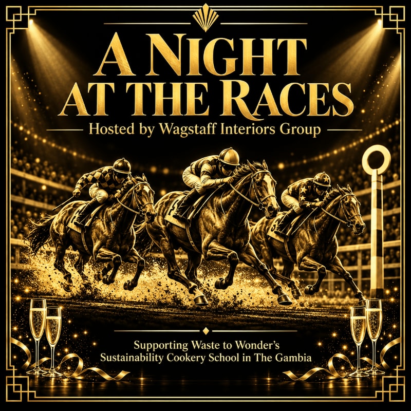 Three jockeys racing horses gallop across a golden track in the foreground, set against a dark background featuring a crowded stadium and bold gold text.