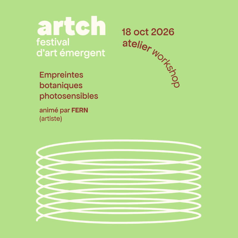 White text and red lettering detailing an art workshop are positioned above a white spiral graphic on a light green background.