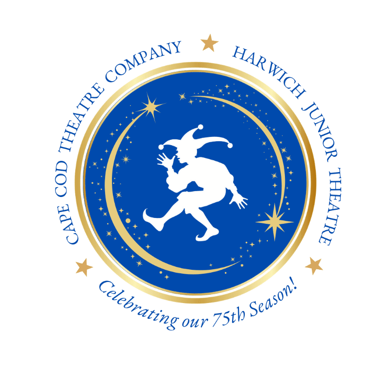 A white silhouette of a jester is centered within a blue circular emblem featuring gold stars and crescents, surrounded by a white border with blue and gold text.