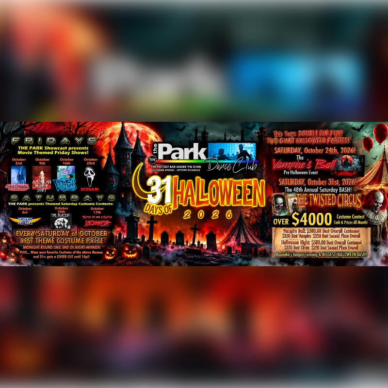 A colorful Halloween event flyer features bold promotional text and spooky imagery in the foreground against a backdrop of a haunted castle, a graveyard, and a blood-red moon.