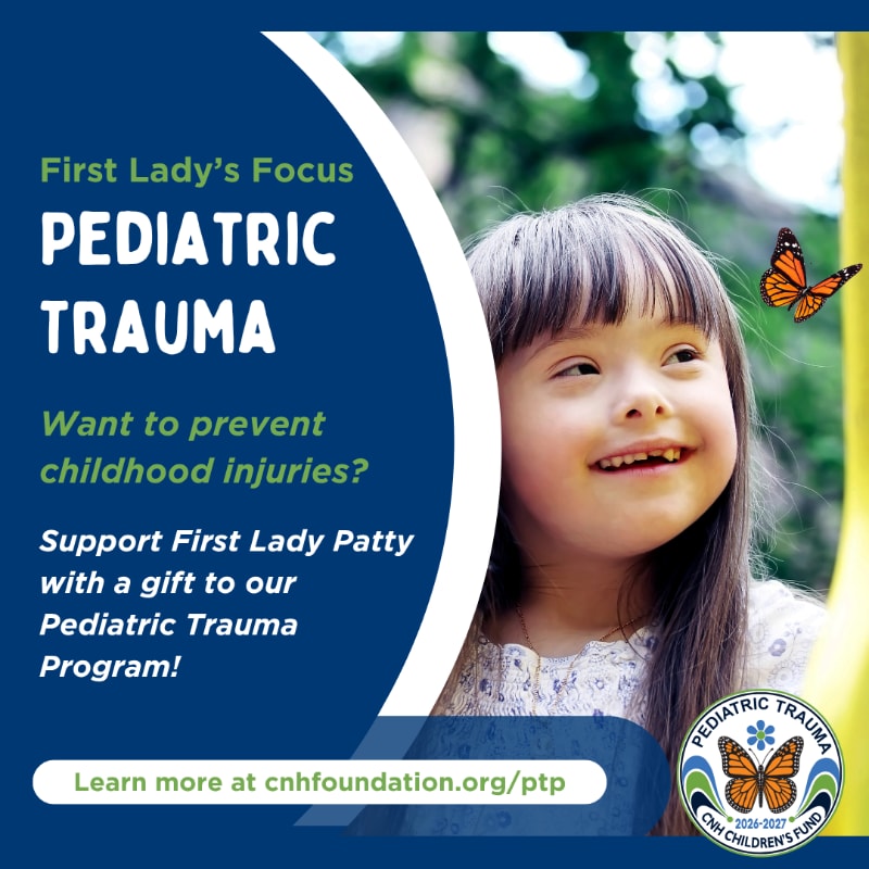 A young girl smiles in the foreground against a blurred green nature background, positioned next to a blue informational panel about pediatric trauma.