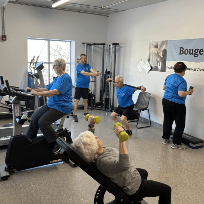 An elderly person lifts dumbbells on a bench in the foreground, while other seniors exercise with gym equipment in a bright white room.