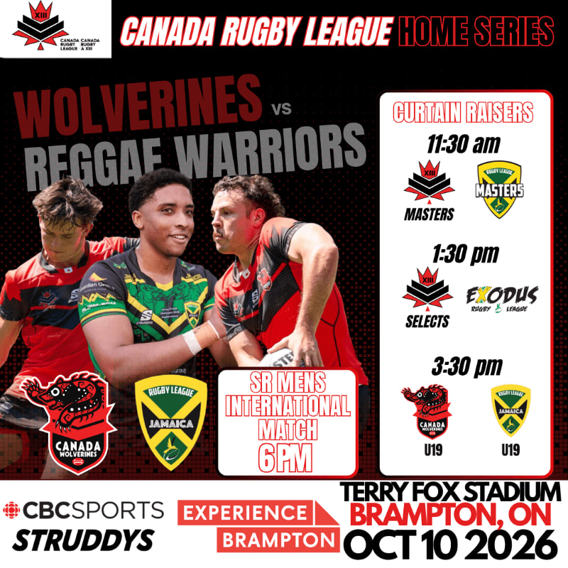 A rugby player in a red and black uniform runs with a ball in the foreground, while a coach in a cap smiles in the lower right corner, against a blurred background of spectators and a red graphic displaying scores.