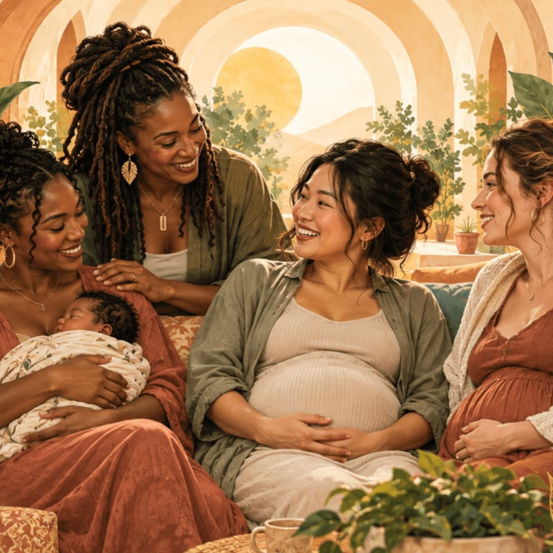Four smiling women, including one holding a newborn and another who is pregnant, gather together in a warm, sunlit room with arched architecture and greenery in the background.